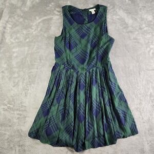 Forever 21 Dress Womens Large Green Blue Plaid Pleated Sleeveless Academia Lined